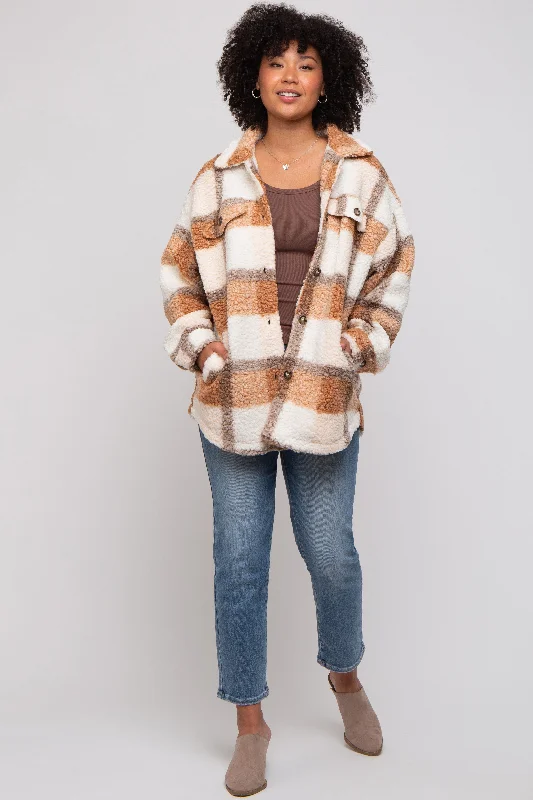 Taupe Textured Plaid JacketHooded Jackets