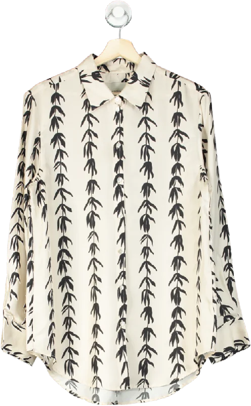 Asceno Cream & Black Willow Print 100% Silk Shirt UK SBeaded Shirts