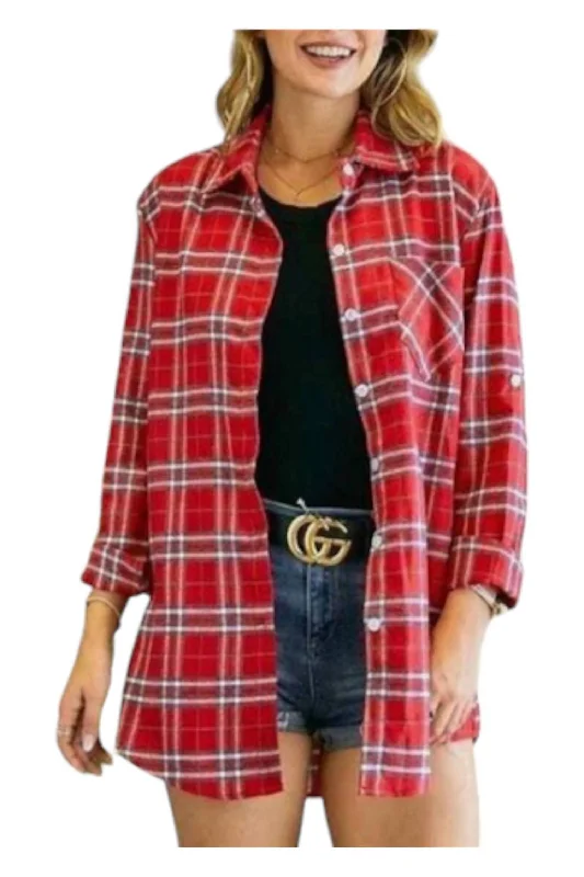 Button Down Plaid Flannel Shirt In RedWrap Shirts