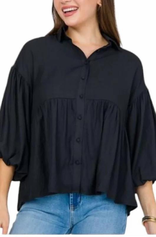 Collared Balloon Sleeve Button Down Shirt In BlackDress Shirts