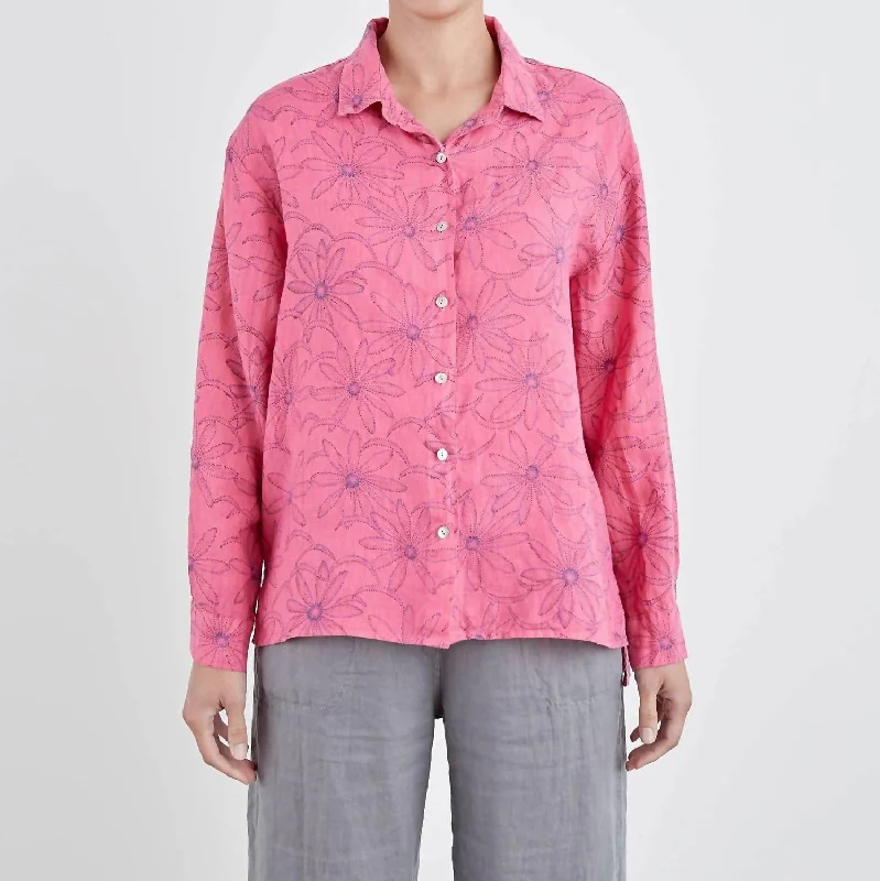 Daisy Side Slit Linen Shirt In WatermelonFloral Shirts