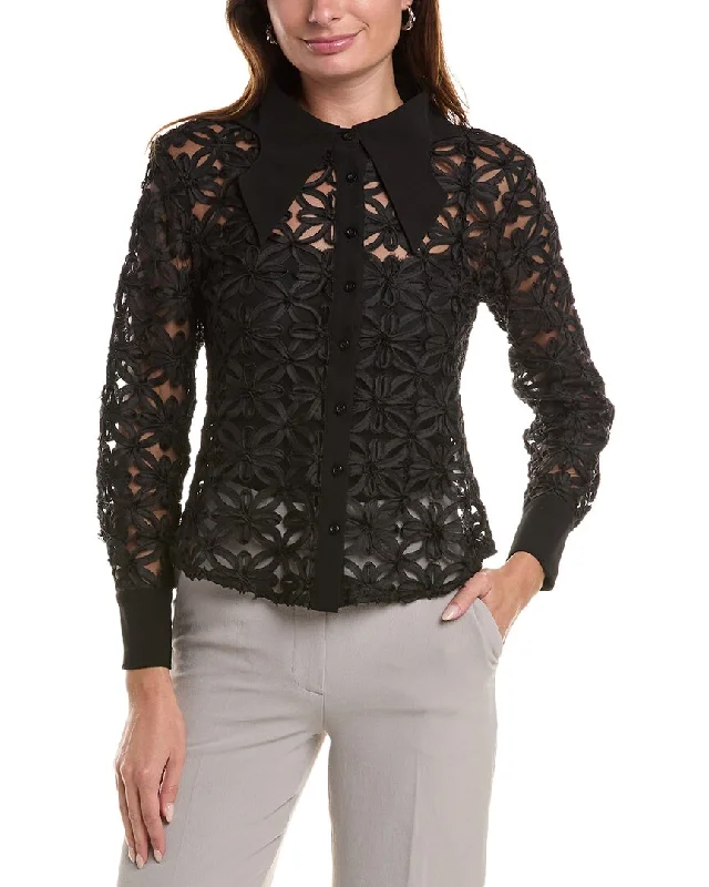 Gracia Crisscross Flower Pattern Sheer ShirtLace-Up Shirts