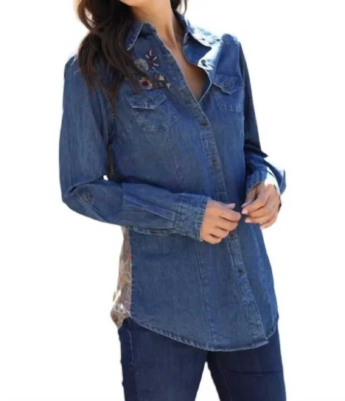 Helene Embroidered Denim Shirt With Paisley Back In BlueSheer Shirts