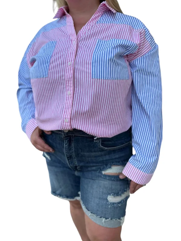 Striped Button Down Shirt In Pink/blueFlannel Shirts