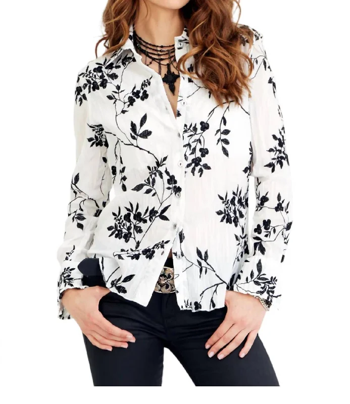 Wisteria Embroidery Button Down Shirt In WhiteRecycled Fabric Shirts