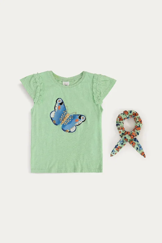 Ruffled Sleeve Butterfly Top With ScrunchieDesigner T-Shirts