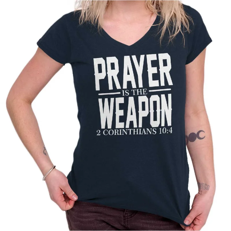 Prayer Is The Weapon Printed - Junior Fitted V-Neck T-ShirtRetro T-Shirts