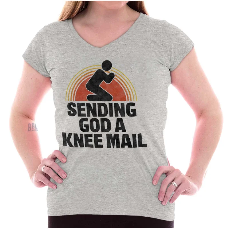 Sending God A Knee Mail Junior Fit V-Neck T ShirtPocket T-Shirts