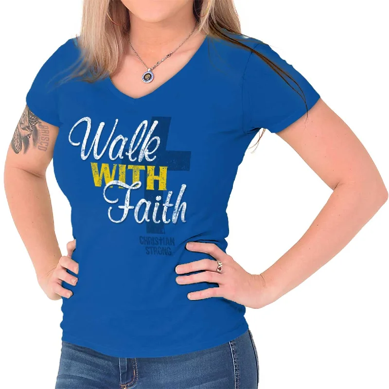 Walk With Faith Junior Fit V-Neck T-ShirtQuick-Dry T-Shirts