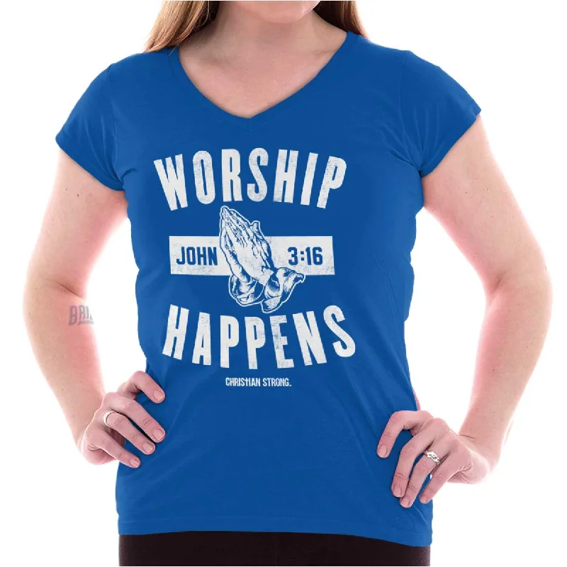 Worship Happens Junior Fit V-Neck T ShirtStudded T-Shirts