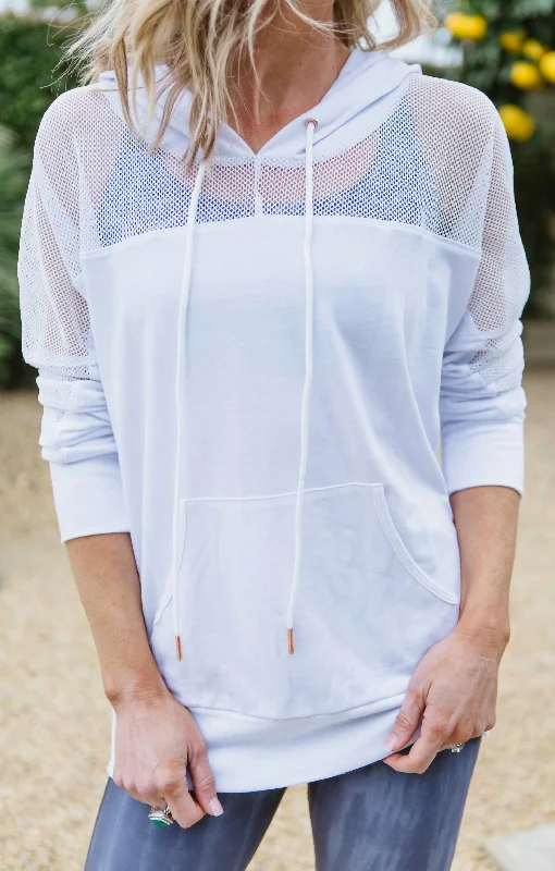 Leather-Paneled SweatshirtsMesh Long Sleeve Hoodie In White