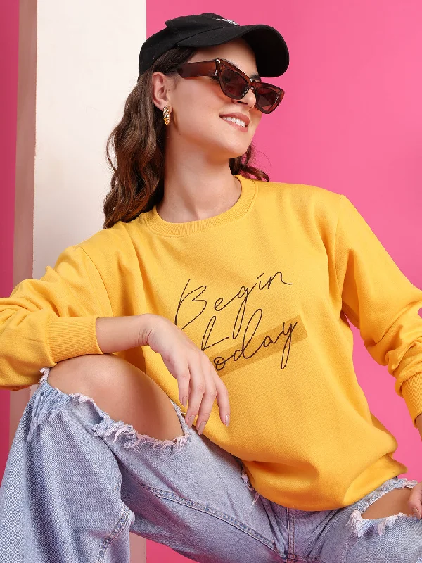 Fringed HoodiesVimaL Jonney Regular Fit Yellow Printed Sweatshirt For Women