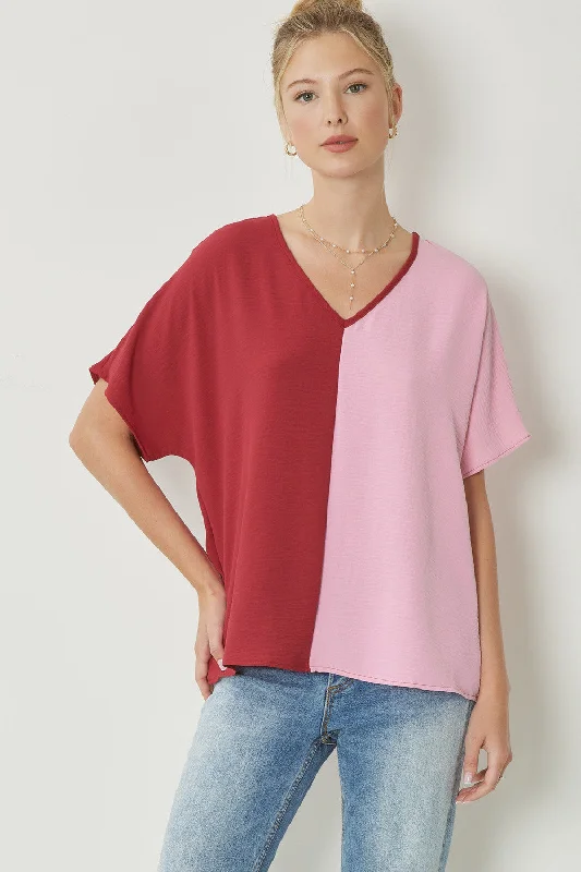 VNeckTopAquaColor Block V-Neck Top, Ruby