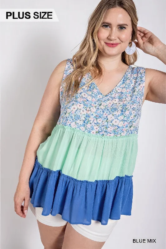 VNeckTopCentaurFloral Color Block Ruffle Detail Tiered V-neck Top