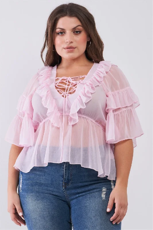 VNeckTopSilverPlus Sheer Mesh Ruffle Lace-up V-neck Detail Wide Sleeve Relaxed Top