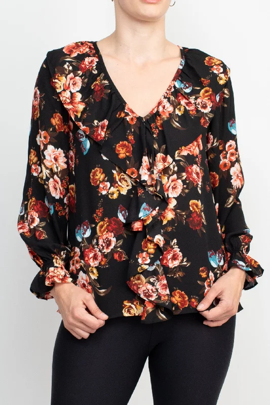 VNeckTopSilverCounterparts Ruffled V-Neck Long Elastic Cuff Long Sleeve Multi Print Crepe Top