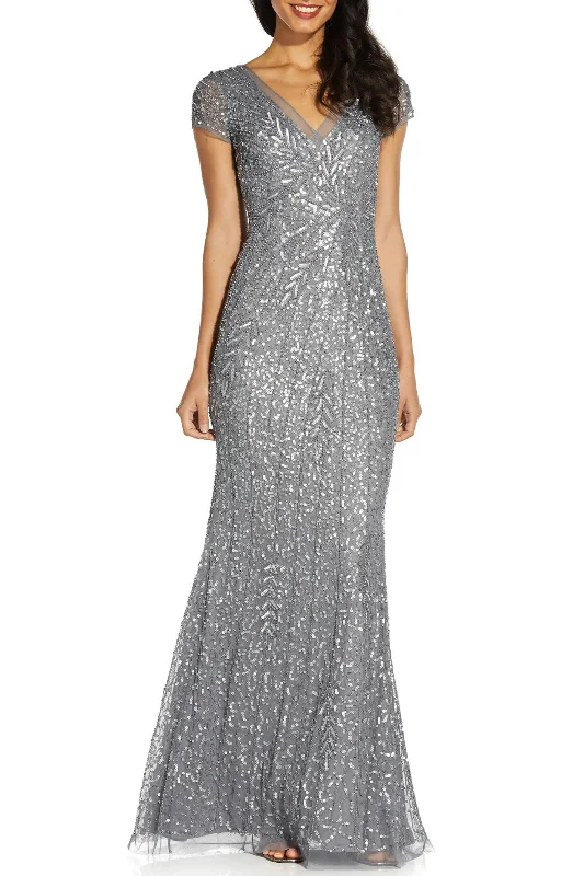 VNeckTopGlowAdrianna Papell Sequin Beaded Short Sleeve V-Neck Mermaid Gown