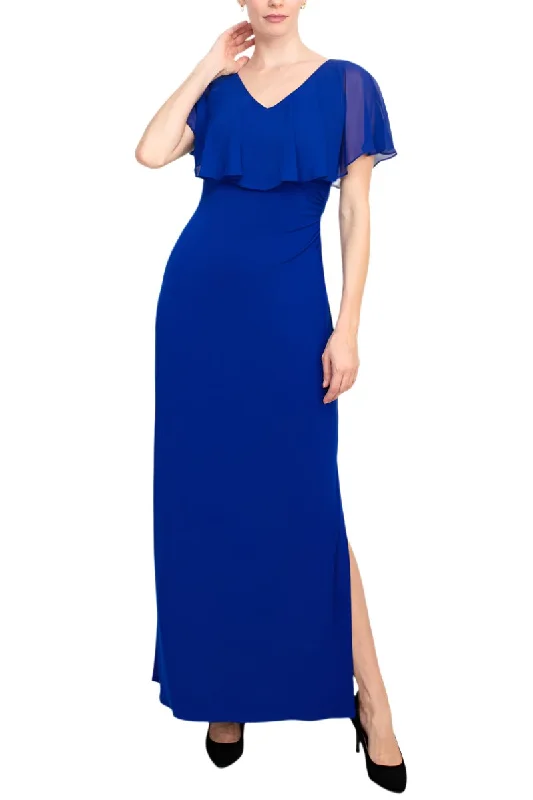 VNeckTopEdgeConnected Apparel V-neck Flutter Chiffon Sleeve Solid Column Matte Jersey Gown