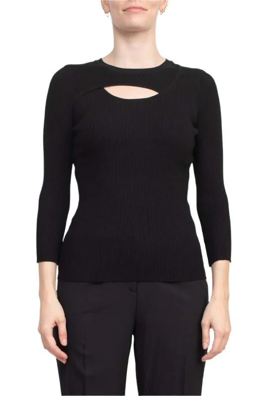 PullovermoveJoan Vass NY Crew Neck 3/4 Sleeve Ribbed Pullover Cutout Chest Detail Knit Top