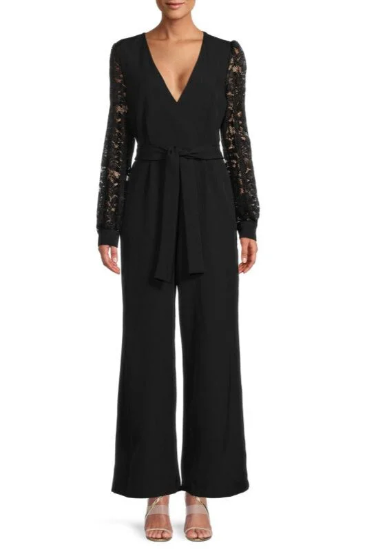 VNeckTopProDonna Ricco Belted Wide Leg Deep V-Neck Banded Button Cuffs Lace Sleeve Jumpsuit