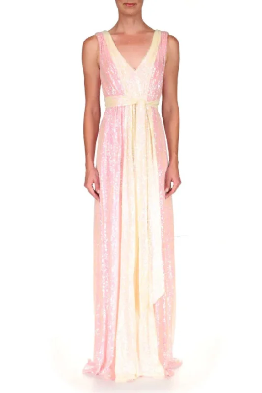 VNeckTopBlazeBadgley Mischka V-neck sleeveless tie waist zipper closure two-tone sequin gown