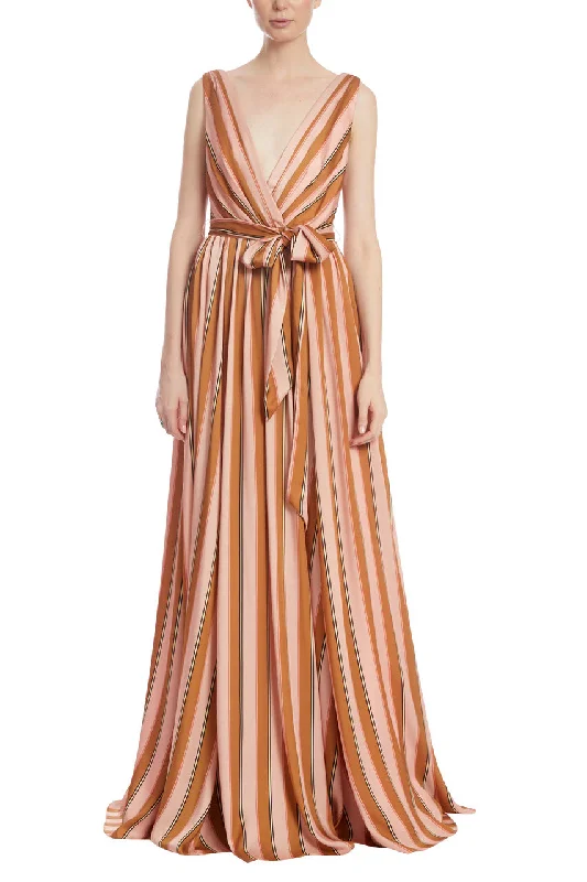 VNeckTopHaloBadgley Mischka V-neck sleeveless tie waist zipper closure vintage striped twill gown