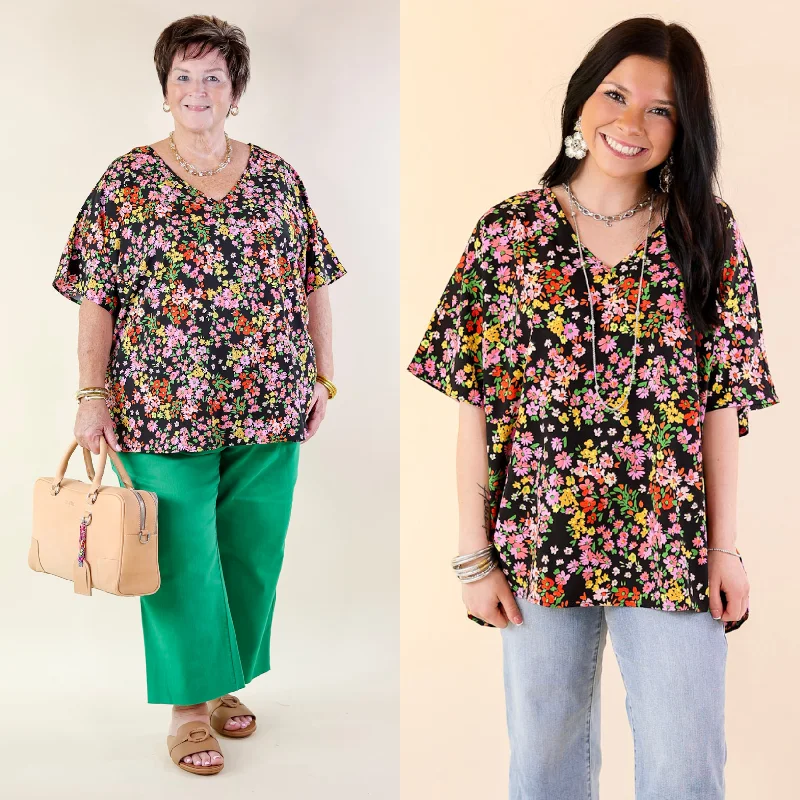 VNeckTopOrbitMajestic Moment V Neck Floral Print Poncho Top in Black