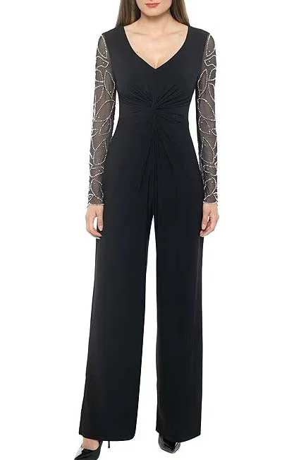 VNeckTopPrimeMarina matte jersey sheer beaded long sleeve V-Neck Knot bodice two piece set