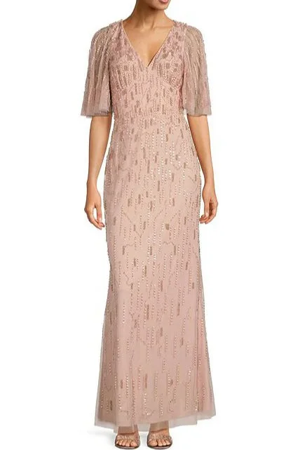 VNeckTopHorizonAidan Mattox Beaded Mesh V-Neck short flutter sleeve gown