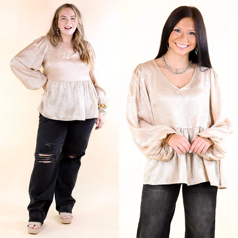 VNeckTopNestPopular Opinion Metallic V Neck Peplum Top with Long Sleeves in Champagne